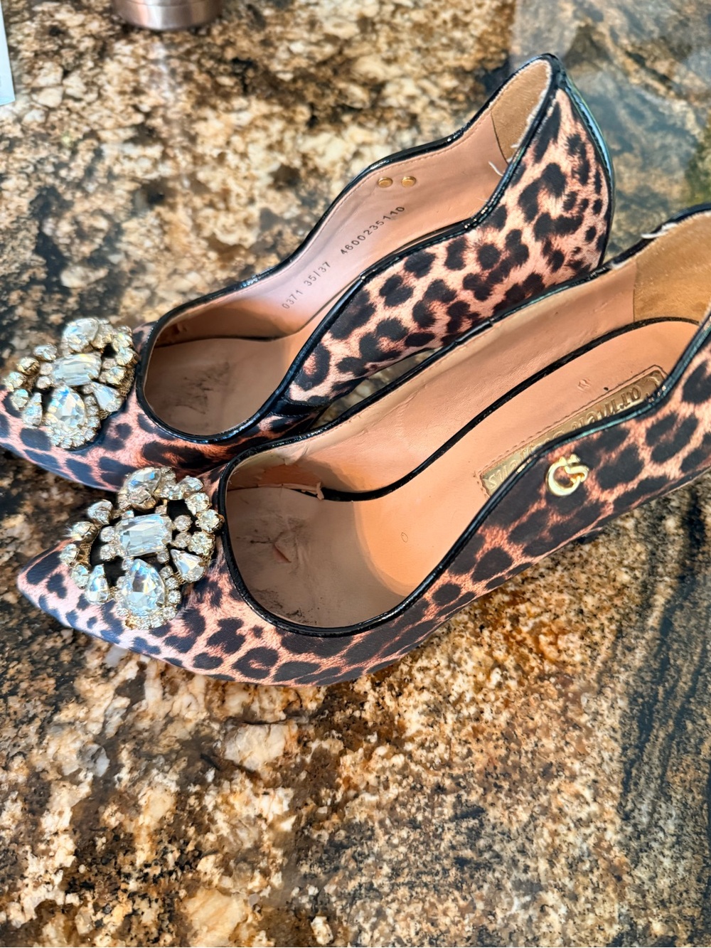 Leopard Print Pointed Toe Heels with Crystal Brooch D&G vibes